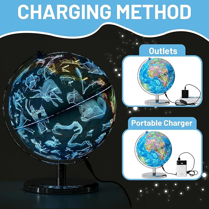 9" Illuminated Globes, 88 Constellations Map & Built-in LED Light & Learning 3-in-1, USB Charging, None-Slip Stainless Steel Stand for Classroom Education & Bedroom Decor, Inspire Geography Interest