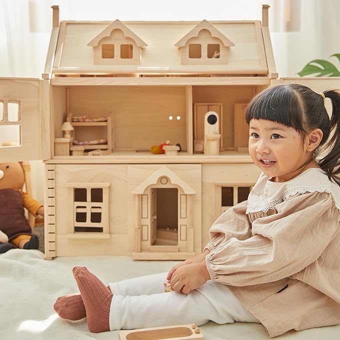 PlanToys® Victorian Wooden Dollhouse | 3-Story Large Doll House with Attic, Opening Panels & Sliding Windows | Pretend Play Dollhouse Compatible with 1:12 Scale Furniture & Wooden Dolls