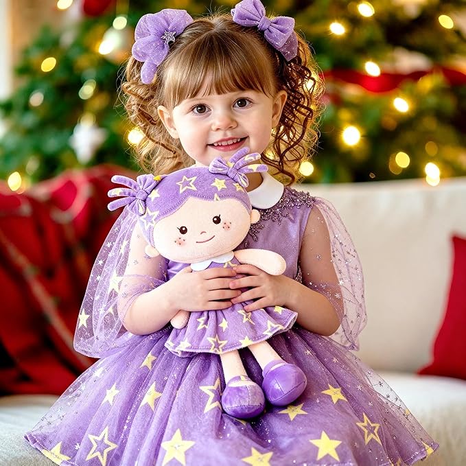 Onetoo Rag Doll Plush Baby Dolls Soft Baby Doll for Girls First Baby Doll Plush Sleeping Cuddle Buddy Doll Wear Star Purple Sleeveless Dress 14"