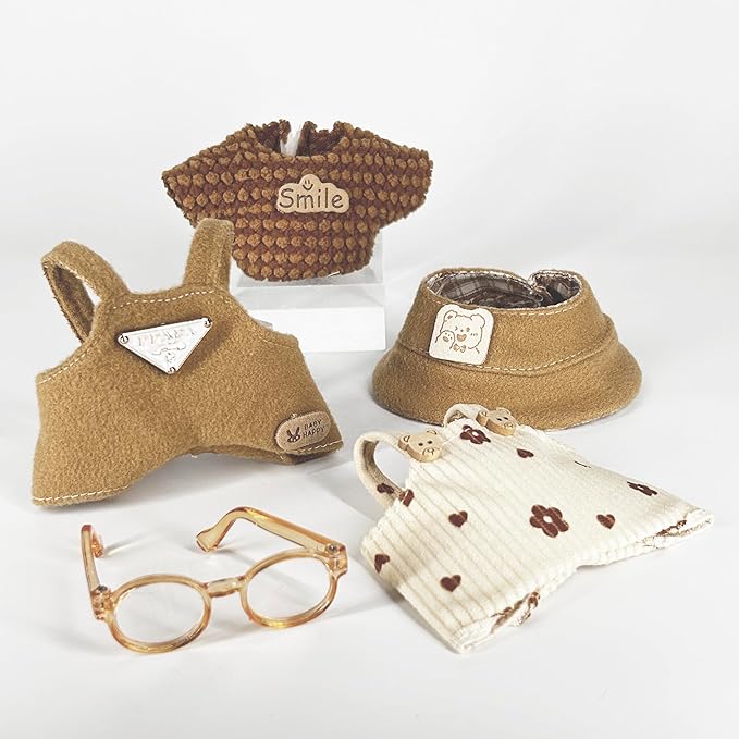17cm Clothes Set (NO Doll) 5PC Set Hat Glasses Overalls for 17cm Accessories Suit, Doll Clothing for Trendy Blind Box，Cute Clothes for LBB Doll Dress up Unique Style,Free Combination (Tan)