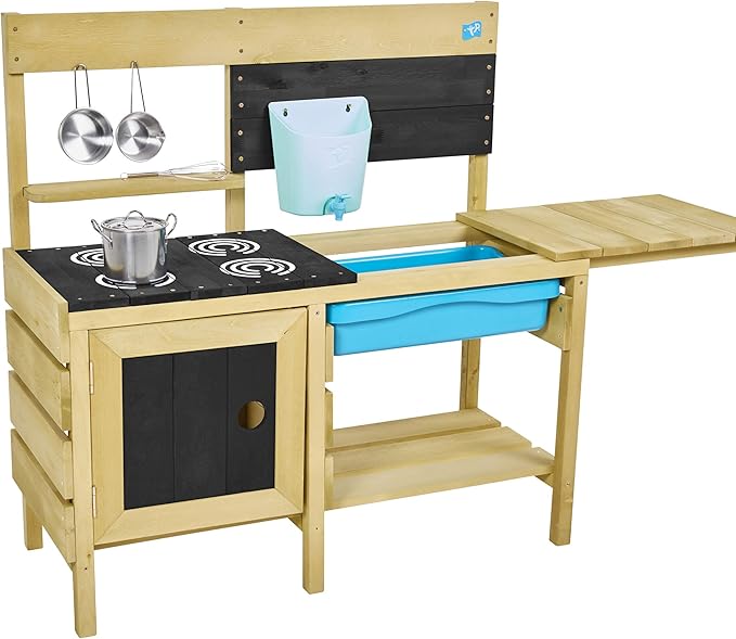 TP Toys, Deluxe Wooden Mud Kitchen for Boys and Girls Ages 3-8 | Kids Outdoor Kitchen Playset with Sand and Water Pan, Play Sink, and Kitchen Accessories | Fun Backyard Pretend Play for Toddlers.