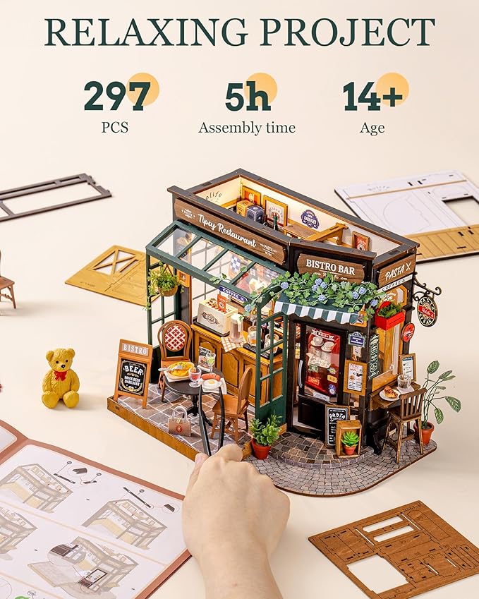 ROBOTIME DIY Tiny House Kit, Miniature House Kit for Adults to Build, Mini House Kit with Furniture, Halloween/Christmas/Birthday Gifts for Men/Women（Tipsy Restaurant）