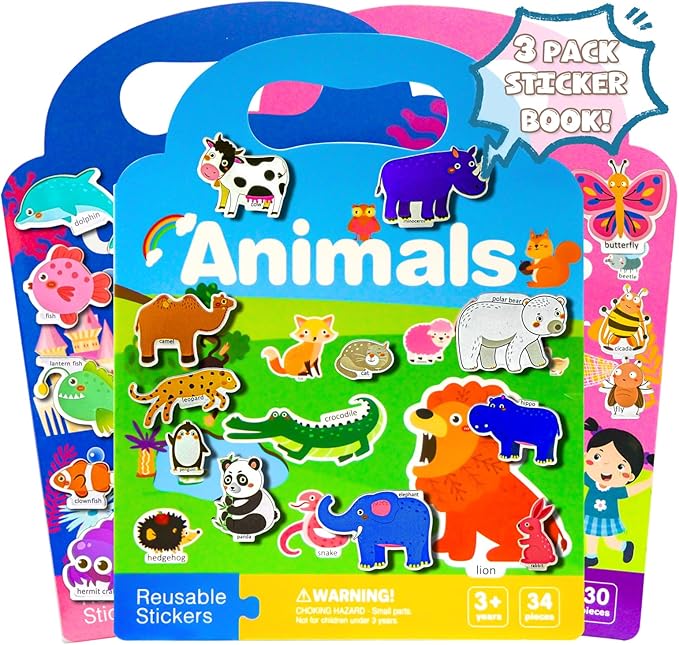 3 Pack Reusable Sticker Books for Kids, Waterproof Puffy Stickers - Match The Shape and DIY Scene, Toddler Travel Essential Quiet Time Activities Toys - Animal, Ocean and Insect (2-6 Age)