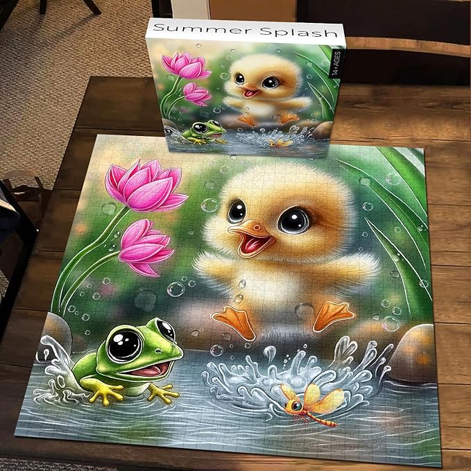 PICKFORU Summer Splash Puzzles for Adults 1000 Pieces, Cute Duck Frog Jigsaw Puzzles Lotus Flower, Challenging Impossible Animal Theme as Wall Decor