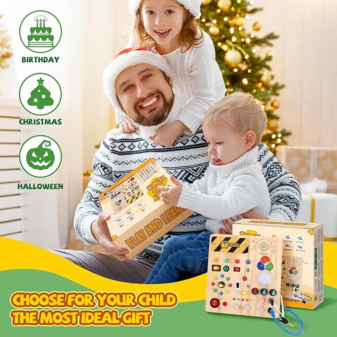 Busy Board,Montessori Toys for 1-3 Years Old, Wooden Toddler Toys, Autism Sensory Travel Toy, Ideal Gift for 1+ Year Old Boys (Busy Board v4)