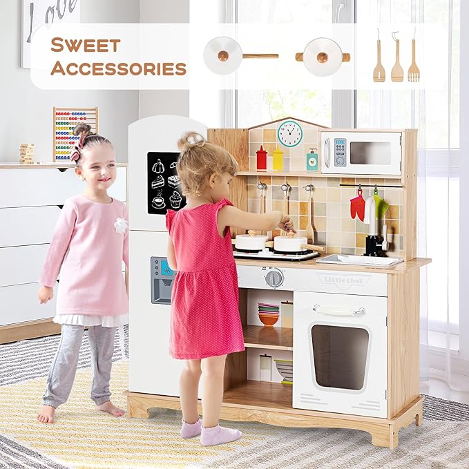 Costzon Kids Kitchen Playset, Wooden Toddlers Toy Kitchen with Light & Sound, Microwave, Ice Maker, Oven, Sink & Faucet, Cooking Accessories, Pretend Play Kitchen, Gift for Boys Girls Age 3+