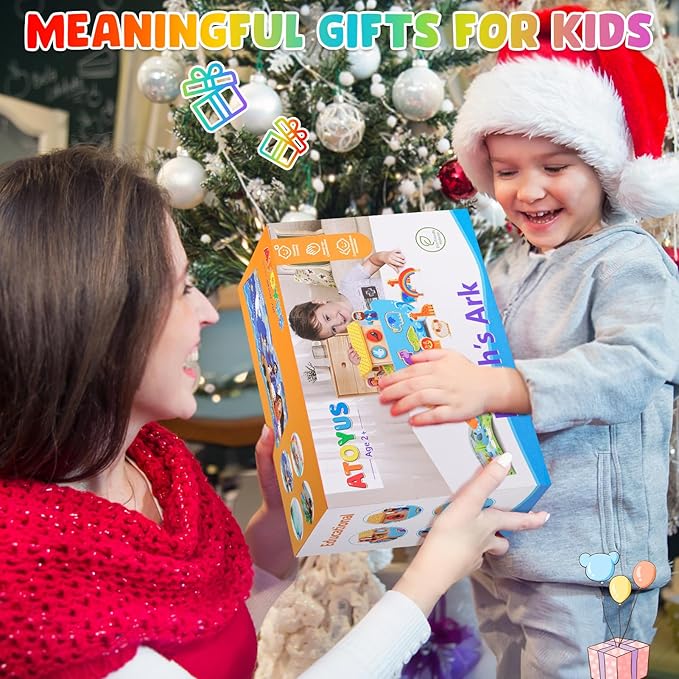 Toddlers Noah's Ark Toys with Wooden Animal Shape Sorters, Baptism Gifts for Girls Boys 2 3 4 Years Old, Montessori Educational Toys for Toddlers, Bible Story Book for Kids Ages 2-4