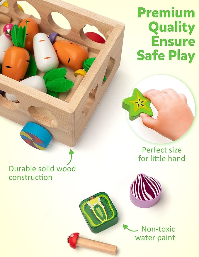 Coogam Montessori Fine Motor Toys for Baby Toddler, Wooden Shape Sorter Carrot Harvest Game for Easter Basket Stuffer, Preschool Learning Educational Gift Toy for 3 4 5 Year Old