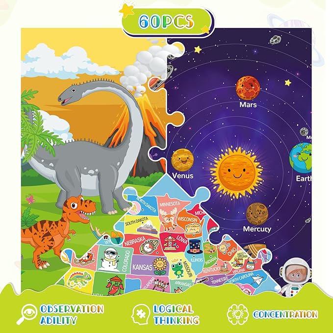 Magnetic Puzzles for Toddlers 3-5, 3 Pack Travel Puzzles for Kids Ages 3-6 with 60 Magnetic Pieces, Dinosaur, Solar System & Map Puzzles, Road Trip Activities Toys & Birthday Gifts for Boys Girls