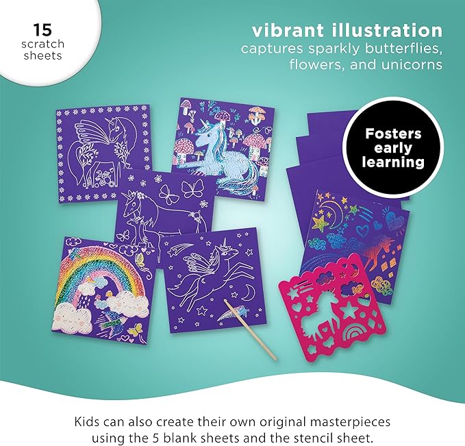 Crocodile Creek Unicorn Sparkle Scratch Art for Kids - 16-Sheet Scratch Art Set with 10 Themed Sheets, 5 Blank Sheets, Stencil, and Stylus - Thoughtful Stocking Stuffers, Gifts, Art Supplies for Kids