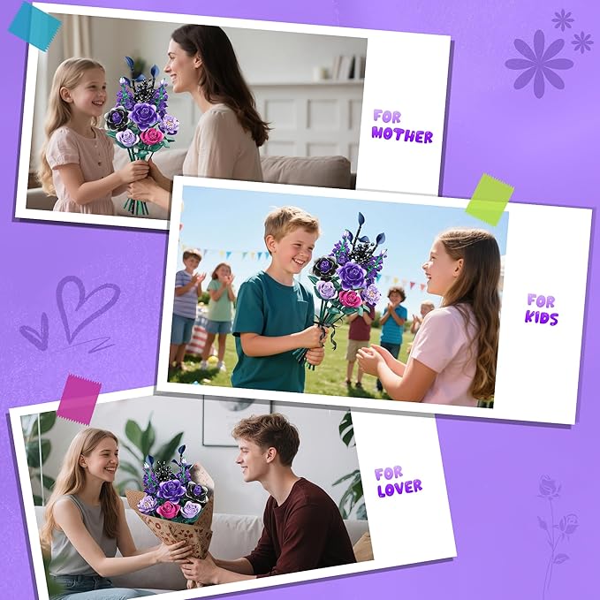 Purple Rose Building Blocks Set for Kids, 701PCS Flower Bouquet Toy, DIY Artificial Plant Gift for Girls, Women, Valentine's Day, Birthday, Mother's Day, Halloween Home Decor