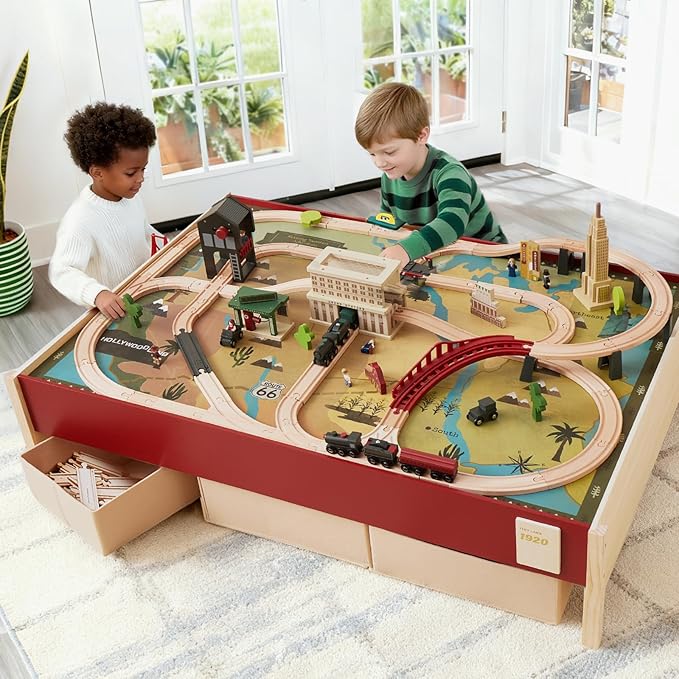Tiny Land Large Wooden Train Table (47.9”x35.2”), 100PCS Train Set, 3 Storage Bins, Activity Playset for Kids Ages 3+