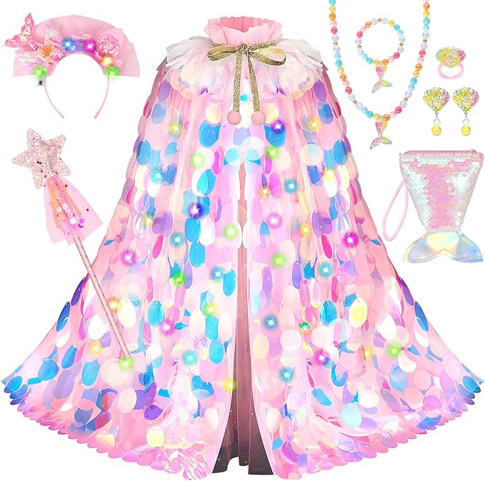 Princess Dress Up Toys Princess Dress Up Clothes Rainbow Mermaid Cape Kit 9 Pcs Gift Set for Little Girls 3-8 Years