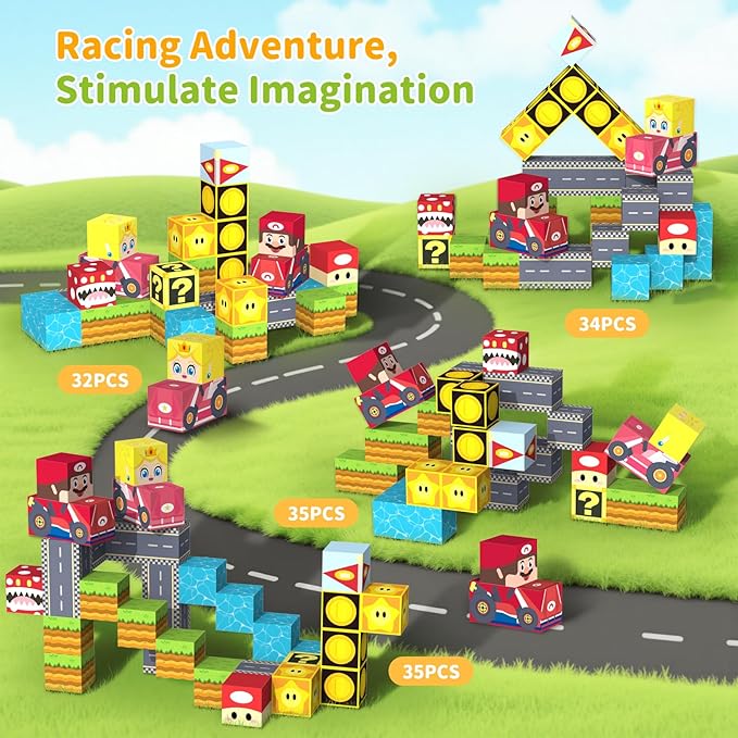 Magnetic Blocks-35 PCS Magnetic Cubes Magnets Building Blocks Toddler Toys for Age 3-4 5-7 6-8,STEM Sensory Toys Birthday Gifts for 3+ Years Old Boys & Girls (Racing Adventure)