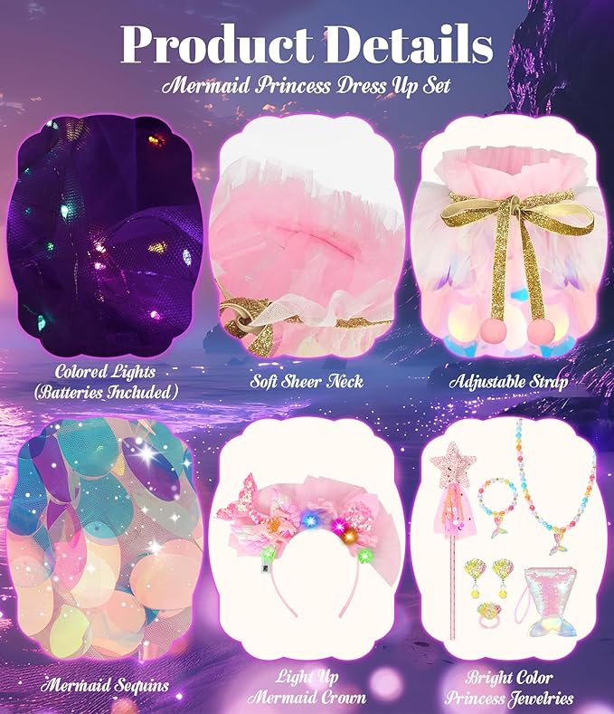 Princess Dress Up Toys Princess Dress Up Clothes Rainbow Mermaid Cape Kit 9 Pcs Gift Set for Little Girls 3-8 Years