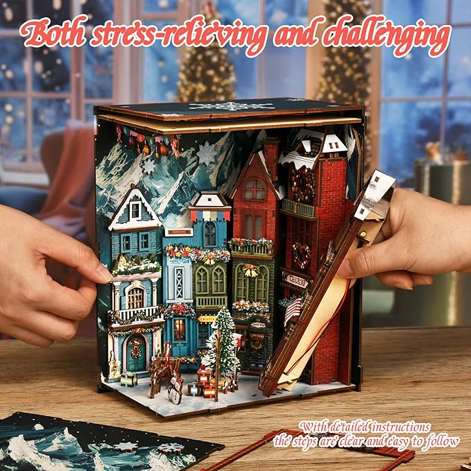 DIY Miniature House Kit, Mini House Building Kit, DIY Book Nook Kit, Tiny Model House for Adults to Build, Beginner 3D Wooden Book Nook, for Family Friends (Christmas Corner)