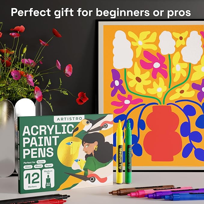 ARTISTRO 12 Acrylic Paint Markers - Medium Point Paint Pens for Rock, Wood, Glass, Ceramic, Black Paper, Scrapbooking Crafts, Card Making, DIY Photo Album, Ceramic