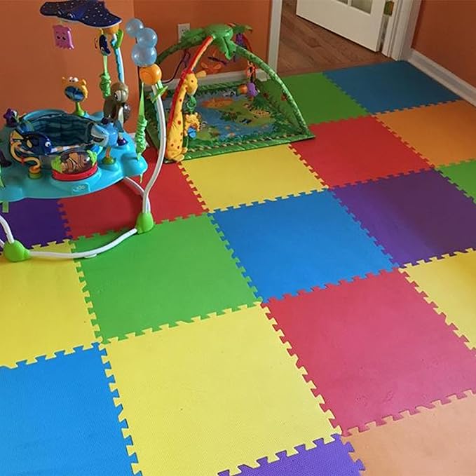 FlooringInc's Rainbow & Natural Harmony Playmat - Kid Safe Foam Floor Tiles with Removable Edges - 2'x2', 1/2" Thick (Rainbow, 6 Tile Pack)