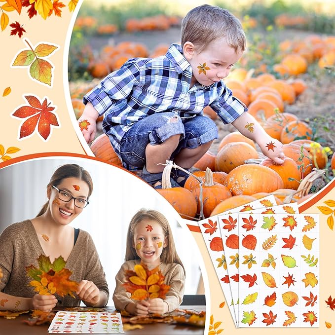 Landhoow 240 Pcs Fall Glitter Temporary Tattoos Fall Leaves Glitter Tattoos Maple Elm Leaves Seasonal Face Temporary Sticker for Autumn Themed Party Body Face Supply