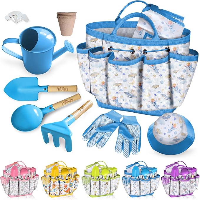 Kids Gardening Tool Set 18PCS Kids Toddler Gardening Set Includes Tote Bag Watering Can Apron Hat Rake Shovel Spoon Gloves Plant Pots and Labels, Outdoor Toys Gift for Boys Girls (Blue)