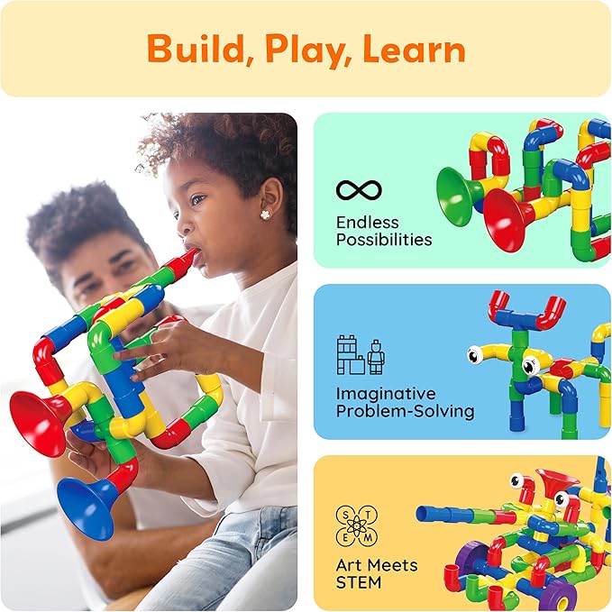 PicassoTiles PTT136 136pcs Tubular Pipes & Spout STEAM Interlocking Educational Building Block Set, Tube Locks, Pipeworks Construction Blocks w/Storage Container Box, Idea Book, Flute Musical Kit