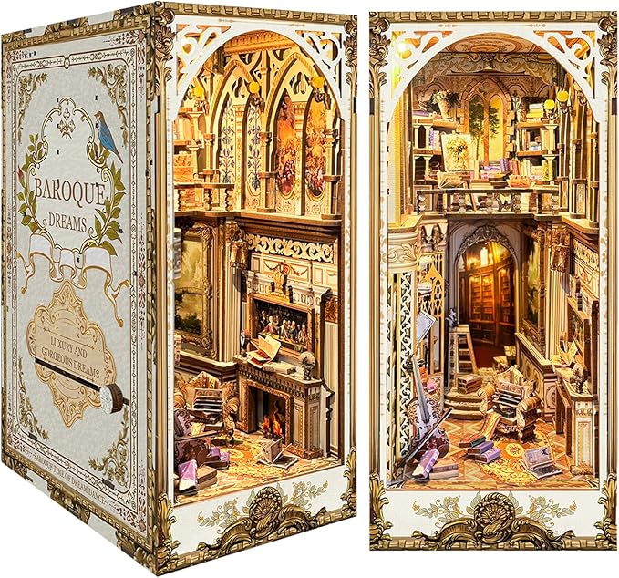 DIY Book Nook Kit, DIY Miniature Dollhouse Kit for Adults and Teens, Book Nook Bookshelf Insert Decor 3D Wooden Puzzle Bookend Miniature Kit with Sensor Light Creative Craft (Victorian Library)