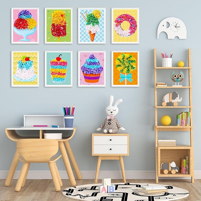 8PCS Poke-in Craft and Art Kit for Kid Dessert Cake Theme No-Mess Fabric Sewing Art Girl Boy 4-12 Puzzle Puncture Painting Ice Cream Donut Toy Gift for Creative Activity Game Birthday Party