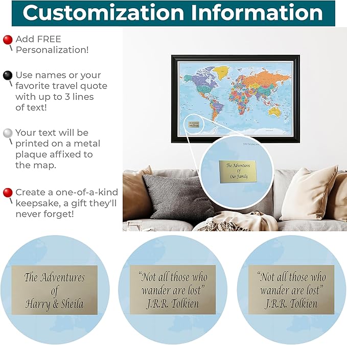 Push Pin Travel Maps - Customizable Blue Oceans World with Brown Frame- 27.5" x 39.5" - 8 Handcrafted Frame Options - Made in USA - Ideal for Adventurous Travelers