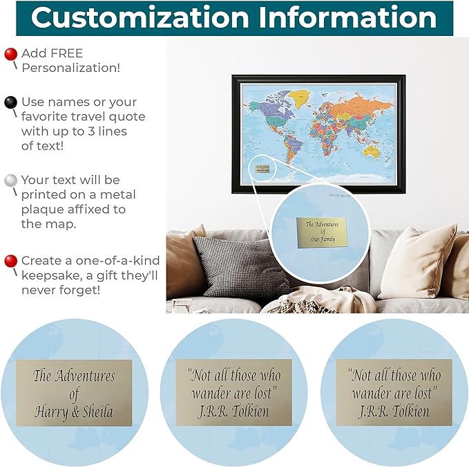 Push Pin Travel Maps - Customizable Blue Oceans World with Rustic Brown Frame- 27.5" x 39.5" - 8 Handcrafted Frame Options - Made in USA - Ideal for Adventurous Travelers