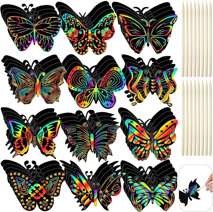 Deekin 72 Pcs Butterfly Scratch Cards Rainbow Paper Scratch Butterfly Craft Art Kits Party Favors with 36 Pcs Bamboo Stylus for Classroom Games DIY Crafts Home Ornaments, 12 Styles