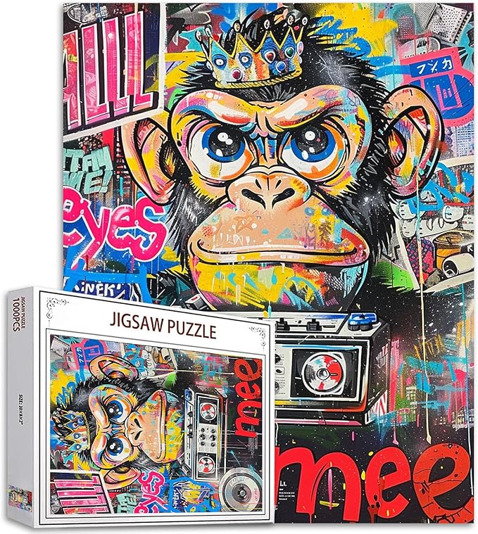Tucocoo 1000 Piece Jigsaw Puzzles for Adults Graffiti Monkey Painting Jigsaw Puzzle Colorful Street Art Radio 1000 Pieces Puzzles for Challenging Family Activity Game Banksy Art DIY Puzzle Wall Decor