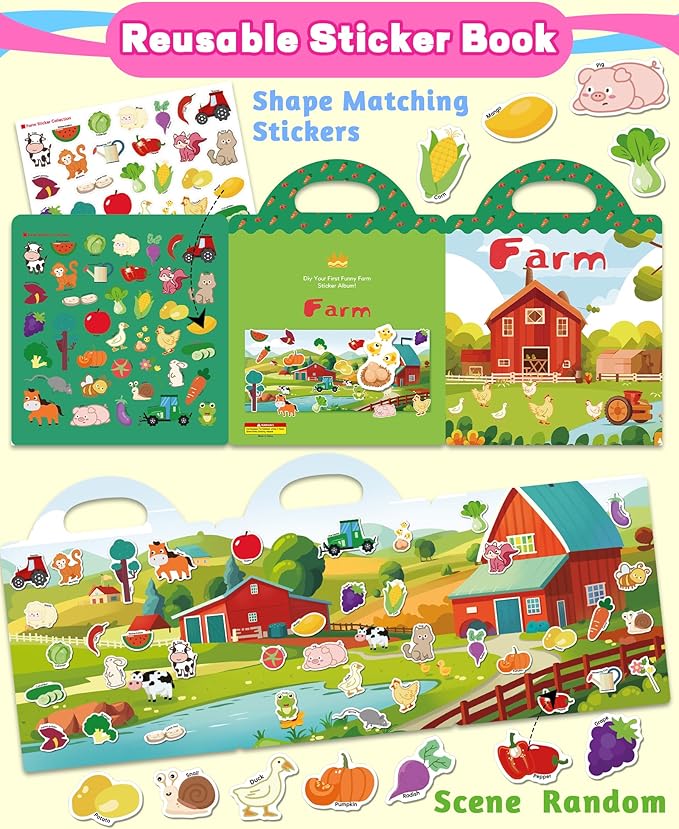 Reusable Sticker Book for Toddlers 2-4 Years, Stickers for Kids, Toddler Craft Activities, Toddler Travel Toys Ages 2+ Boy Girl Birthday Gifts