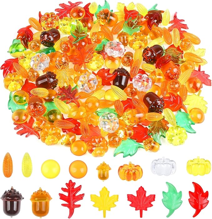 150pcs Fall Vase Filler for Thanksgiving Fall Sensory Bin Filler Acrylic Pumpkin Leaves Gems Corns Gems Acorns for Centerpieces Table Fall Sensory Bin Filler Autumn Thanksgiving Home Decoration