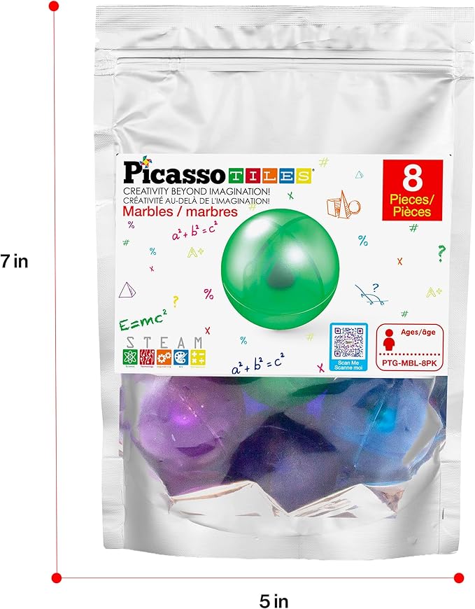PicassoTiles 8pc Marbles for Magnetic Block Tiles Marble Run Race Track Magnet Building Tile Blocks Racetrack Maze Construction Toys Creative Toy Girls Boys 3 and Up Early Education STEM Learning Kit