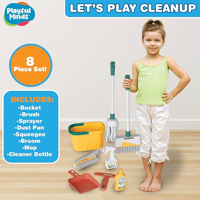 8-Piece Cleaning Playset for Toddlers - Broom, Mop, Pail, Dustpan, Brush, Squeegee, and Pretend Bottles - Perfect for Imaginative Play and Skill Building