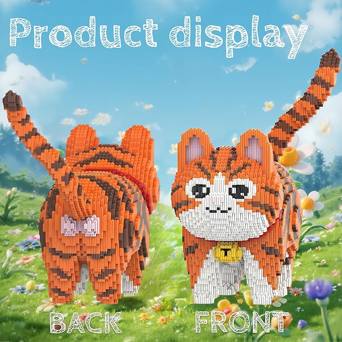 Animal Orange Striped Bell Cat Micro Mini Building Blocks Sets Large Cute Cat Building Kits Model Toys Gift for Adults Kids Teens 6665 PCS