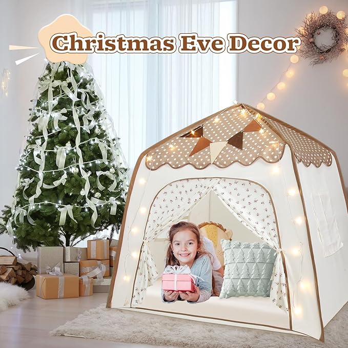 Toddler Bed Tent, Kids Play Tent with Flags, Star String, Portable Bed Canopy for Boys & Girls, Children, Indoor Outdoor Dome Playhouse, Brown Dots & Floral Pattern, 51" x 39" x 51"
