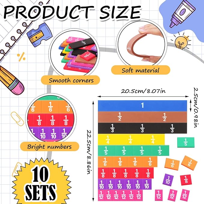10 Sets Fraction Set for Math Classroom Fractions Manipulatives Math Manipulatives for Home School Supplies (Tiles)