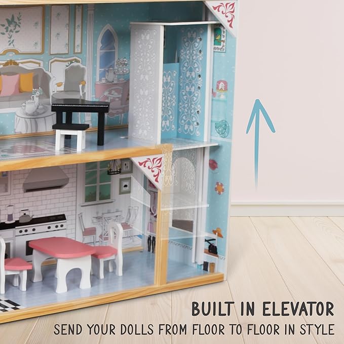 Lil' Jumbl Kid's Wooden Pink Dollhouse with Elevator, Balcony & Stairs, Accessories & Furniture Included, 3 Story Easy to Assemble Dollhouse Toy - X-Large