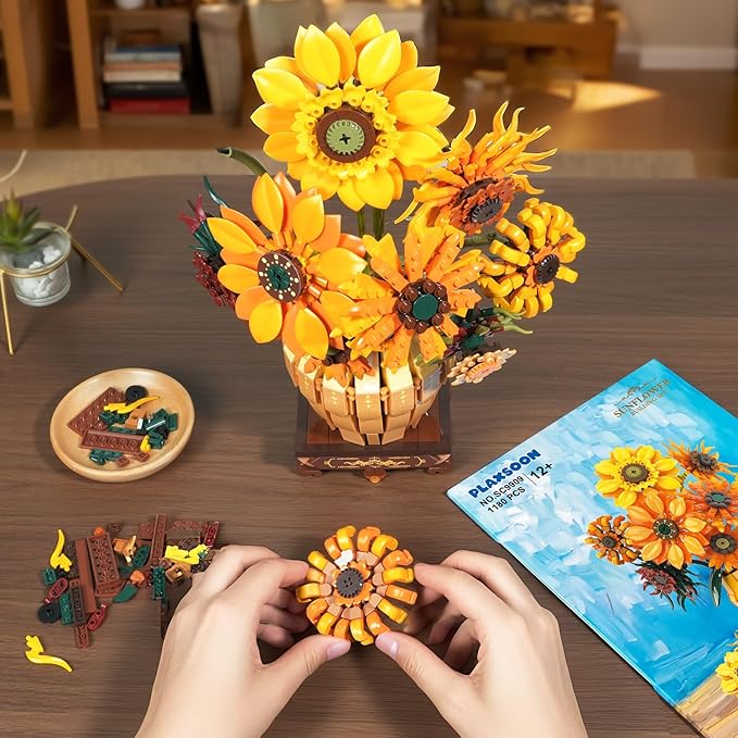 Sunflower Building Set with Lights Vase Base, Flowers Botanical Collection Building Block Home Decor, 1180PCS Art Flower Bouquet Bonsai Plant Building Kit Gift for Adults Teens Girls Boys 12+