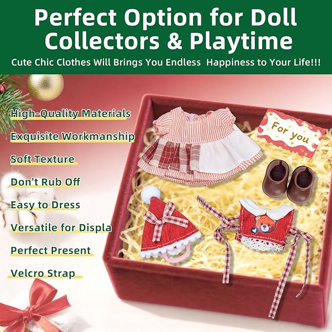 17cm Doll Clothes Set (No Doll), 4 Pieces Outfit Set for 6.7inch Dolls Suit, Fashion Christmas Clothes Accessories Dress-Up,Includes—Christmas Hat + Dress + Bear Vest+ Shoes(Style F)
