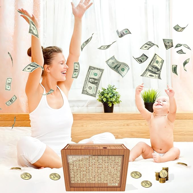 Piggy Bank for Adults Kids, Wooden Coin Bank for Boys and Girls, Cash Vault Money Saving Box with Counter $10000 Savings Challenge Money Box with Money Target and Numbers (2 Pack Brown $10000)