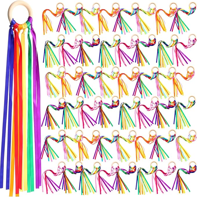 Junkin Ribbon Rings Hand Kite Waldorf Toys Dancing Wrist Ribbons Rainbow Streamers with Wood Ring Educational Toy for Playroom Dancing Birthday Party Gift(24 Pcs)