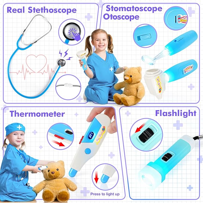 Doctor Kit for Kids, 17 Pcs Medical Play Set with Bag and Dress Up Costume for Toddlers 3-5, Pretend Play Toys for Boys Girls, Halloween Christmas Birthday Gifts