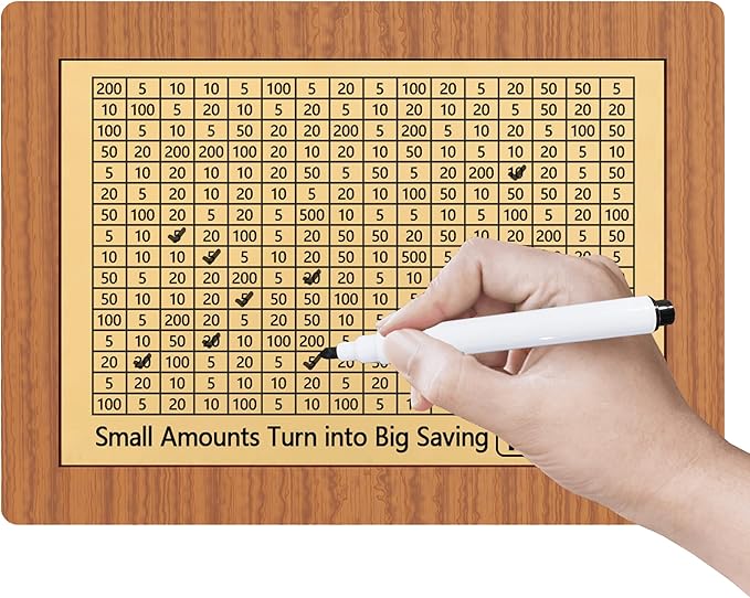 Piggy Bank for Adults Kids, Wooden Coin Bank for Boys and Girls, Cash Vault Money Saving Box with Counter $10000 $5000 Savings Challenge Money Box with Money Target and Numbers (Brown Box+ 13 Sheets)
