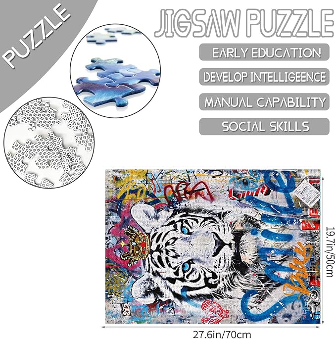 Tucocoo White Tiger Jigsaw Puzzle 1000 Pieces Puzzles for Adults, Animals Banksy Graffiti Style Jigsaw Puzzles for Challenging Family Activity Games Colorful DIY Craft Puzzle for Home Decor Gifts