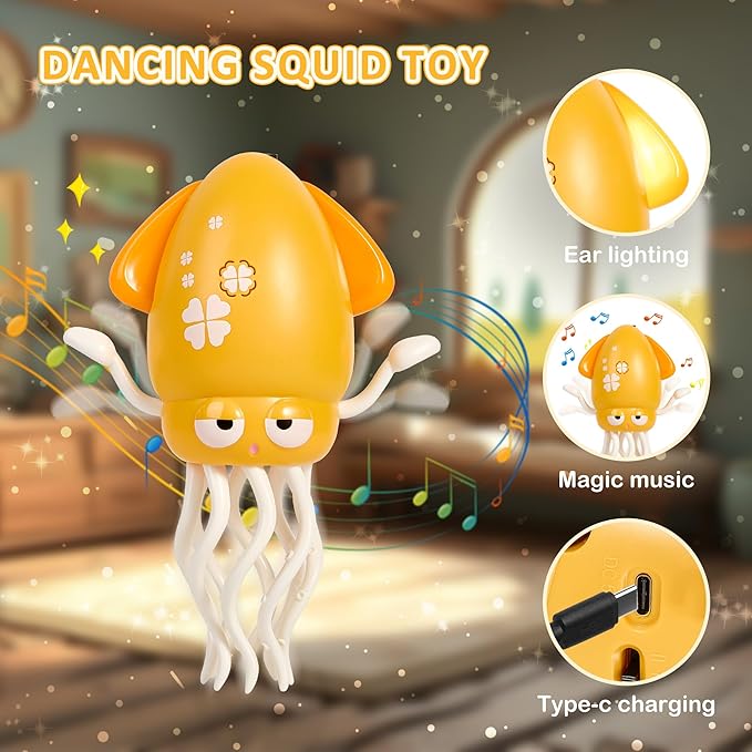 Electric Dancing Octopus Toy with LED Lights and Music, Automatic Avoidance, USB Rechargeable Crawling Belly Time Toy, Suitable for Children 3 Years and Older Birthday Gift (Yellow)