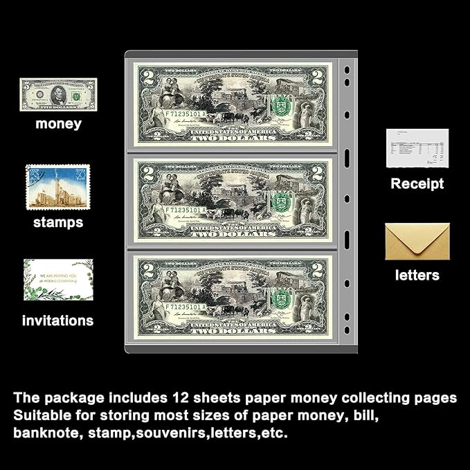 12 Sheets Paper Money Collection Supplies Pages, Currency Collecting Book Album Sleeves, 36 Pocket Money Stamp Page Holders for Standard 9-Hole Coin Collector Binder, 3 Pockets/Sheet