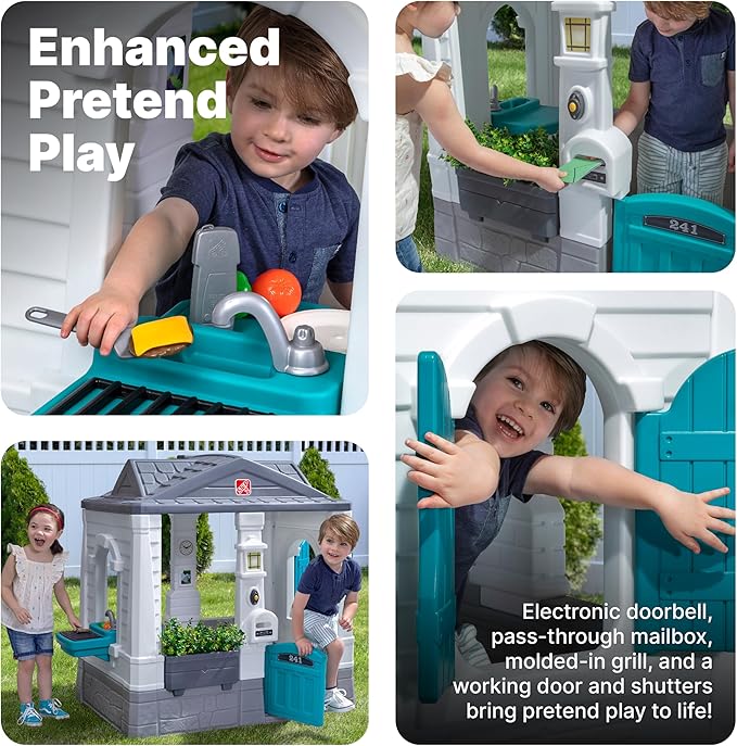 Step2 Neat & Tidy Cottage Kids Playhouse, Indoor/Outdoor Playset, Interactive Play with Sounds, Made of Durable Plastic, for Toddlers 1.5+ Years Old, Grey