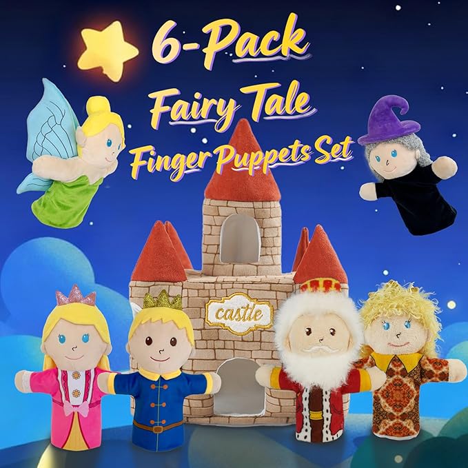 7 Pcs Fairy Tale Finger Puppets Set,4 inch Fairy Tale Member Soft Plush Hand Puppets for Kids with Castle,Finger Puppets for Toddlers Princess Puppet Mini Toy Storytelling Role-Playing